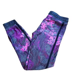 Fabletics Pink Grey Floral Print Joggers Woth Faux Leather Details Medium